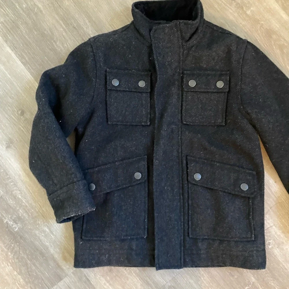 Gap Kids Boys Small‎ Wool Blend Parka Grunt Herringbone Jacket Full Zip Charcoal
